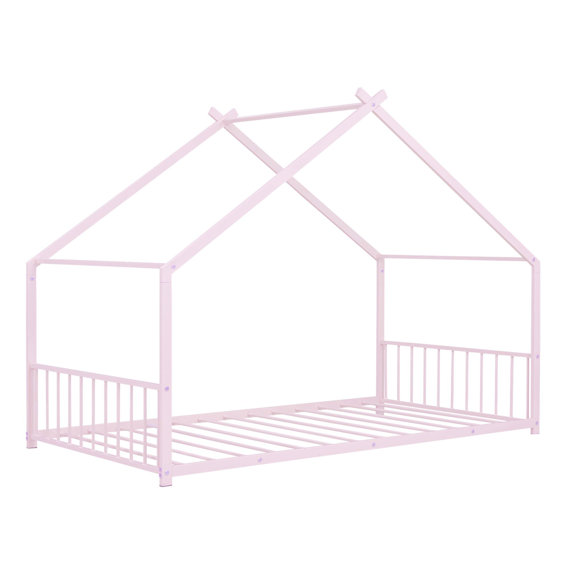 Back. GOODSILO - Twin Size Metal House Frame Bed with Playful Roof Design for Children's Bedroom and Play Area - Pink.