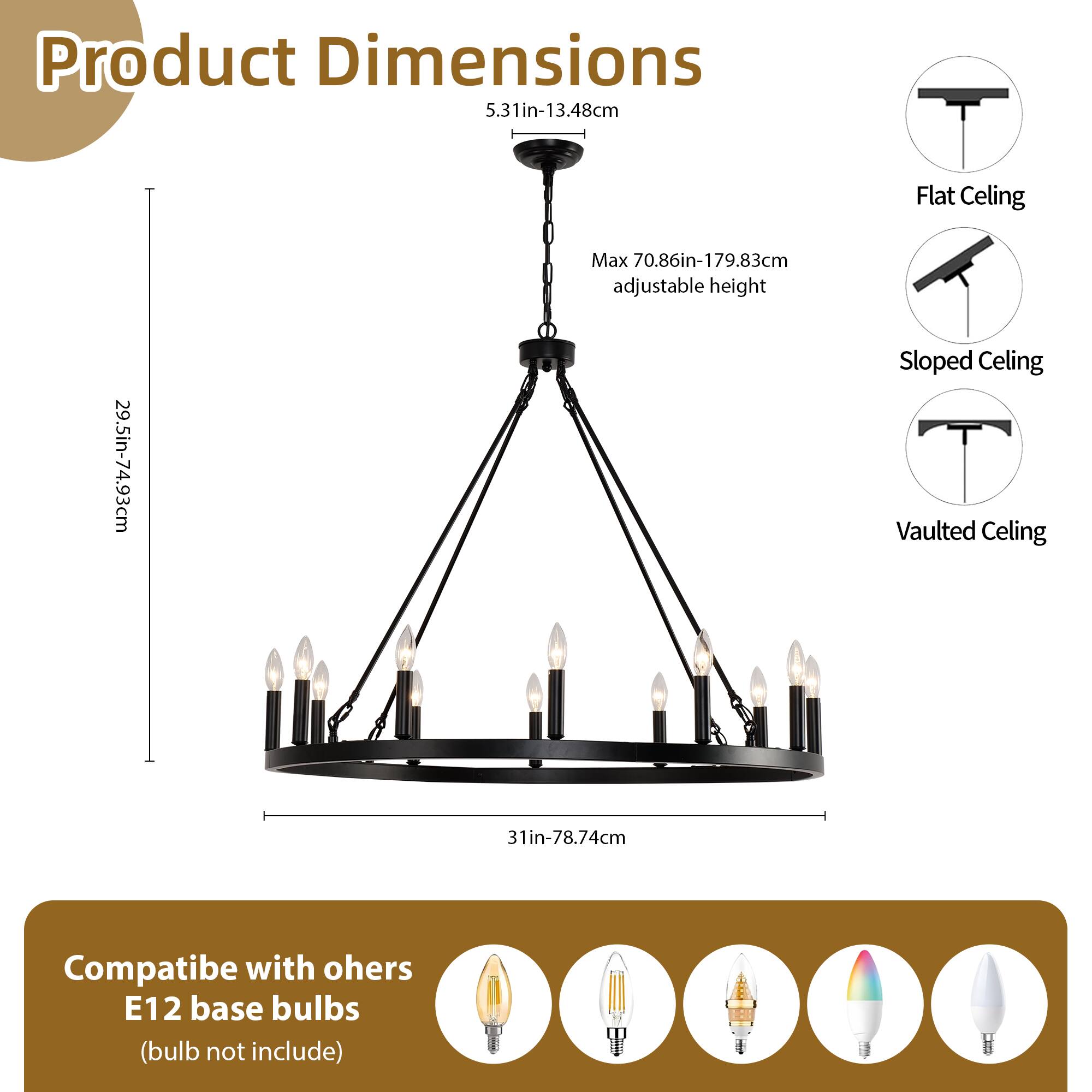 Alt View 1. RYHNUYNE - Wagon Wheel Chandelier 12 Light 31" Black Farmhouse Chandelier for Dining Room Rustic Country Pendant Light Fixtures - Black.