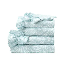 SlickBlue - Polyester Ruffle Floral 6 Piece Sheet Set for Bedroom - Blue