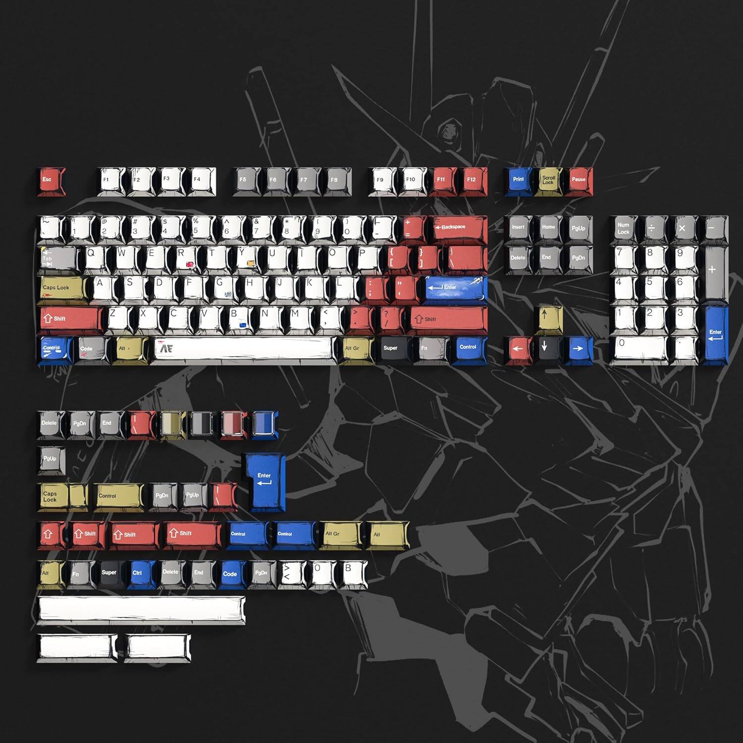 Sure, here is the corrected and grouped text from the image:

---

**Top Row:**
- Esc
- F1
- F2
- F3
- F4
- F5
- F6
- F7
- F8
- F9
- F10
- F11
- F12
- Print
- Scroll Lock
- Pause

**Number Row:**
- 1
- 2
- 3
- 4
- 5
- 6
- 7
- 8
- 9
- 0
- -
- =
- Backspace

**Main Keyboard:**
- Q
- W
- E
- R
- T
- Y
- U
- I
- O
- P
- [
- ]
- \
- A
- S
- D
- F
- G
- H
- J
- K
- L
- ;
- '
- Enter
- Z
- X
- C
- V
- B
- N
- M
- ,
- .
- /
- Shift
- Caps Lock
- Fn
- Windows
- Ctrl
- Alt