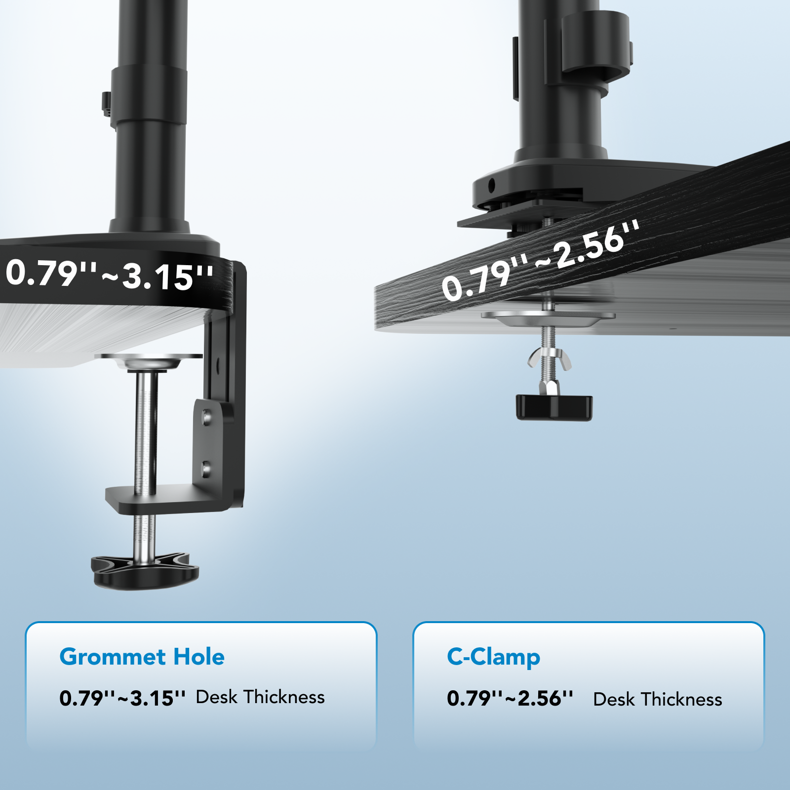 The text on the image can be grouped and corrected as follows:
1. Grommet Hole: 0.79"~3.15'
2. Desk Thickness: 0.79"~2.56"
3. C-Clamp: 0.79"~2.56"
This grouping and correction maintain the original meaning of the text while making it more organized and easier to understand.
