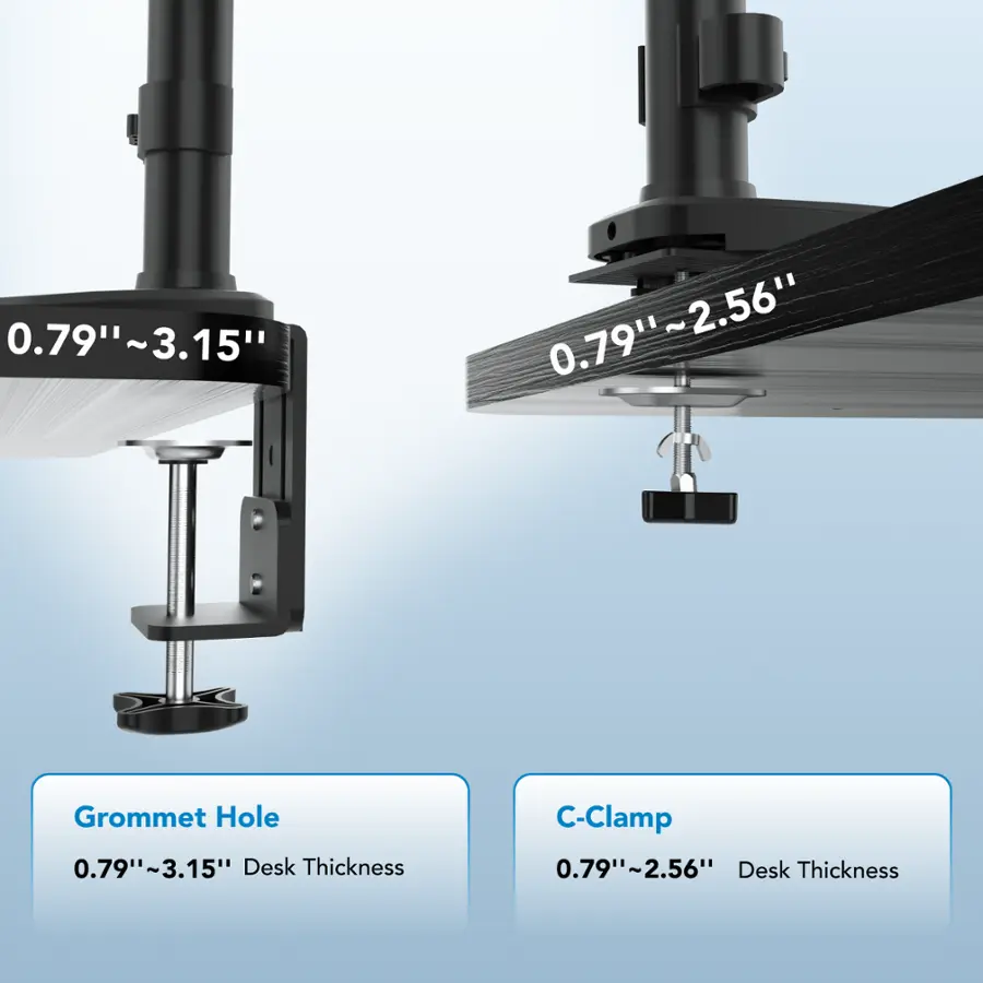 The text on the image can be grouped and corrected as follows:

1. Grommet Hole: 0.79"~3.15'
2. Desk Thickness: 0.79"~2.56"
3. C-Clamp: 0.79"~2.56"

This grouping and correction maintain the original meaning of the text while making it more organized and easier to understand.