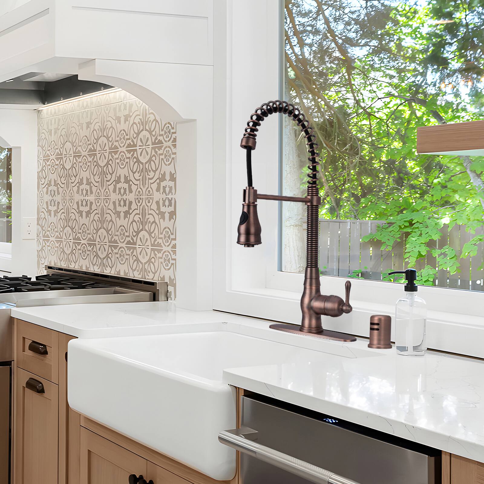 Alt View 7. Akicon - Akicon Pre-Rinse Spring Solid Brass Single Handle Kitchen Faucet with Pull Down Sprayer in Antique Brass - Antique Brass.