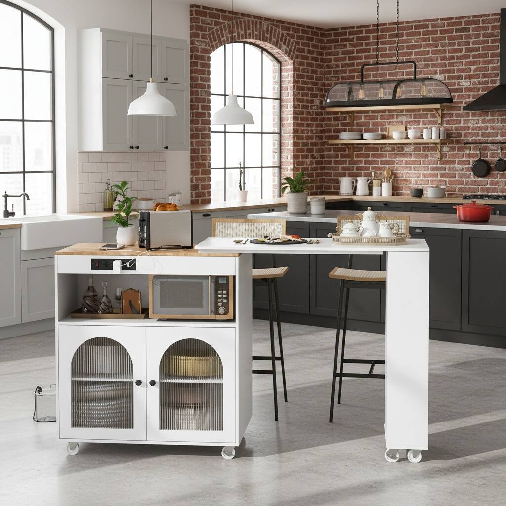 Left. Forest'nSky - Rolling Kitchen Island with Extendable Table – LED Lights, Power Outlets, 2 Fluted Glass Doors & 3 Open Shelves, White - White.