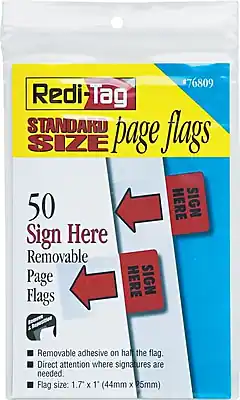 76809 Redi-Tag STANDAKU page flags SIZE
50 Sign Here Removable Page Flags
- Removable adhesive on half the flag.
- Direct attention where signatures are needed.
- Flag size: 1.7" x 1" (44mm x 25mm)