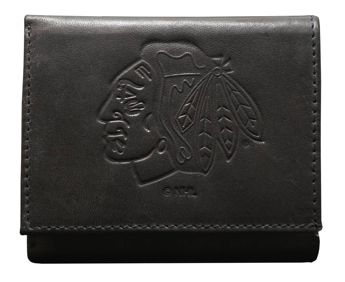 Front. Rico Industries - Chicago Blackhawks Embossed Trifold Wallet - Black Leather - with Worn Distressed Look - Multi.