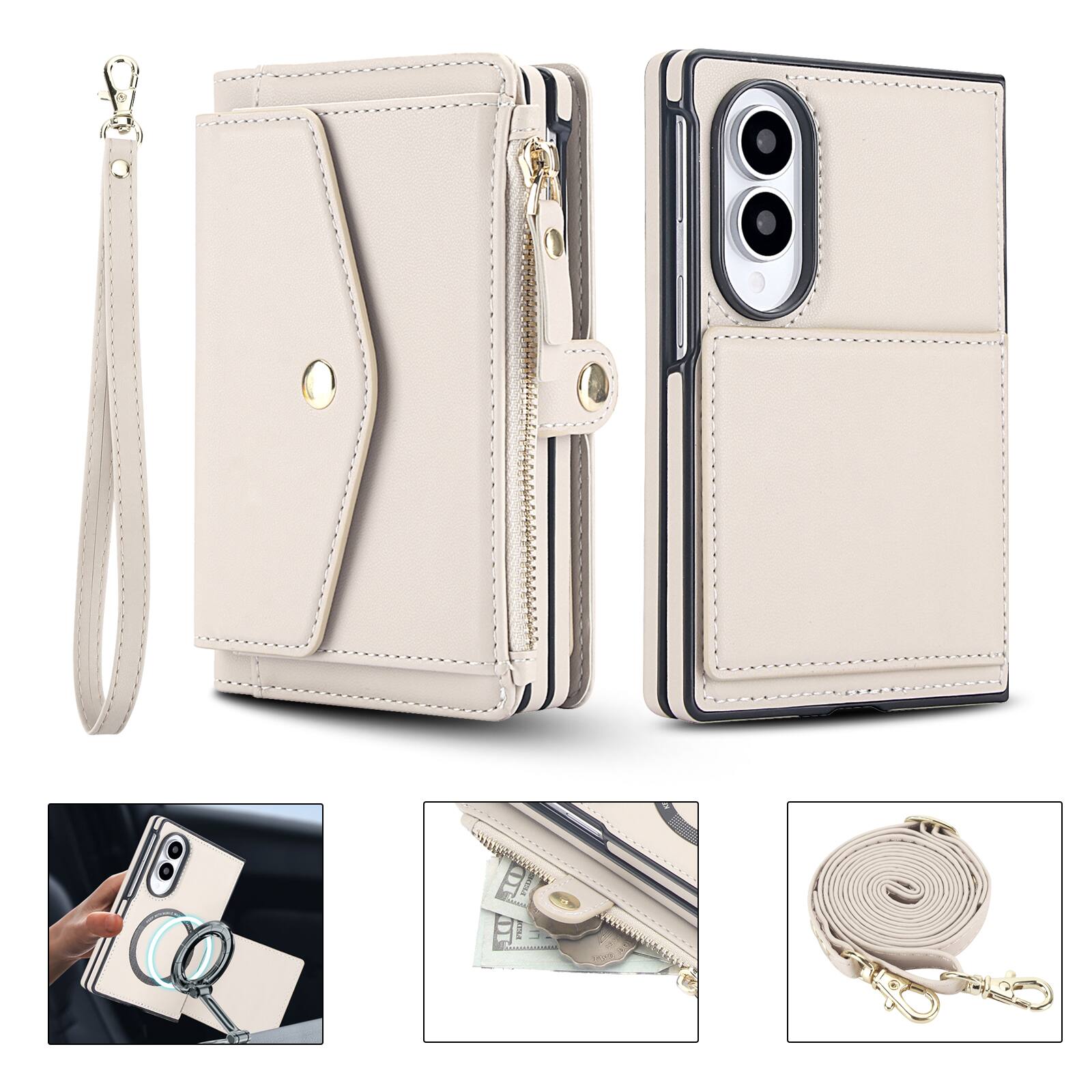 Alt View 2. UUCOVER - Magnetic Leather Detachable Zipper Wallet RFID Blocking Stand Case for Samsung Galaxy Z Fold 8 with Wrist/Shoulder Strap - White.