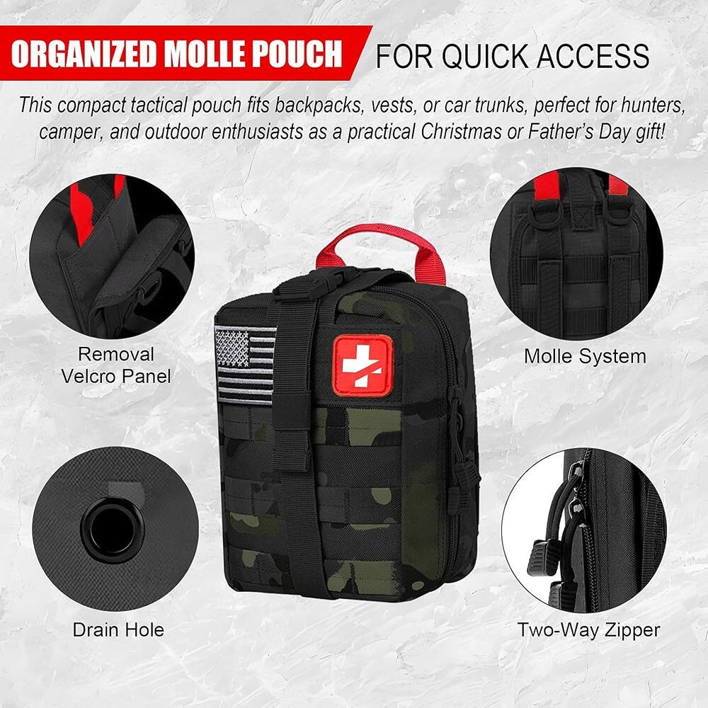 ORGANIZED MOLLE POUCH FOR QUICK ACCESS

This compact tactical pouch fits backpacks, vests, or car trunks, perfect for hunters, camper, and outdoor enthusiasts as a practical Christmas or Father's Day gift!

- Removal Velcro Panel
- Molle System
- Drain Hole
- Two-Way Zipper