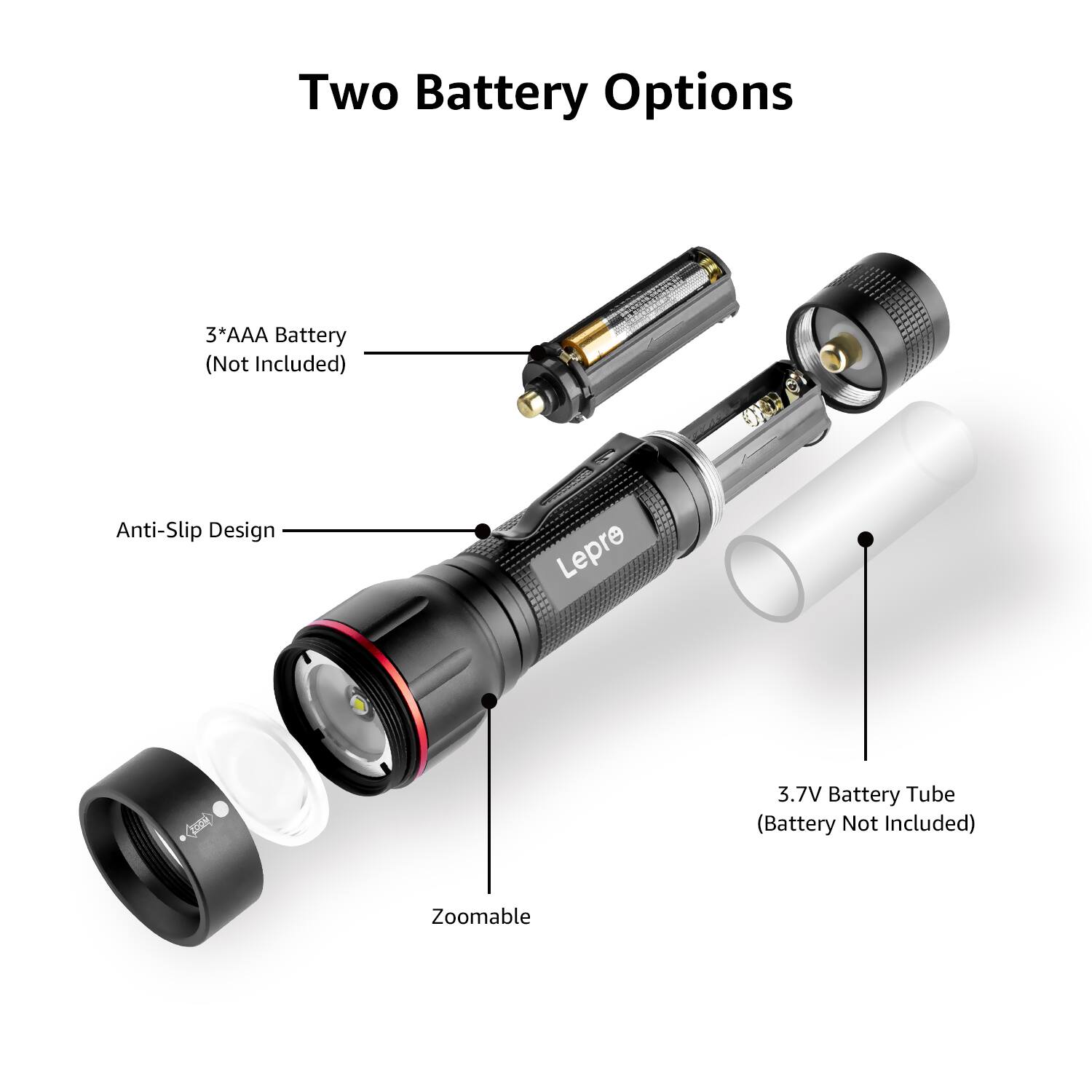 Two Battery Options

- 3*AAA Battery (Not Included)
- 3.7V Battery Tube (Battery Not Included)

Anti-Slip Design

Zoomable
