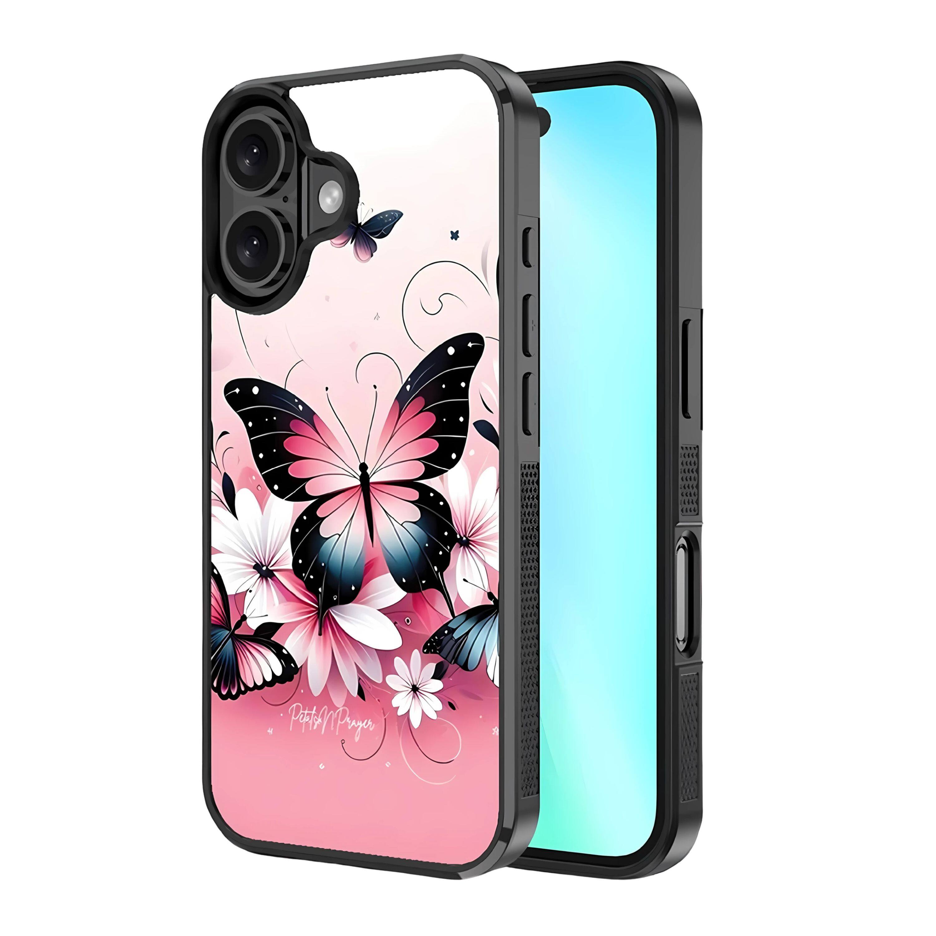 Kitcheniva - Butterfly & Flower Print Built-in Magnetic Ring Compatible Case For iPhone 16 Plus - Pink with Butterfly Art