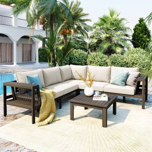 Siljoy - 4-Piece L-Shaped Acacia Wood Patio Sofa Set, Mesh Armrests, Coffee & Side Tables, Beige Cushions - White