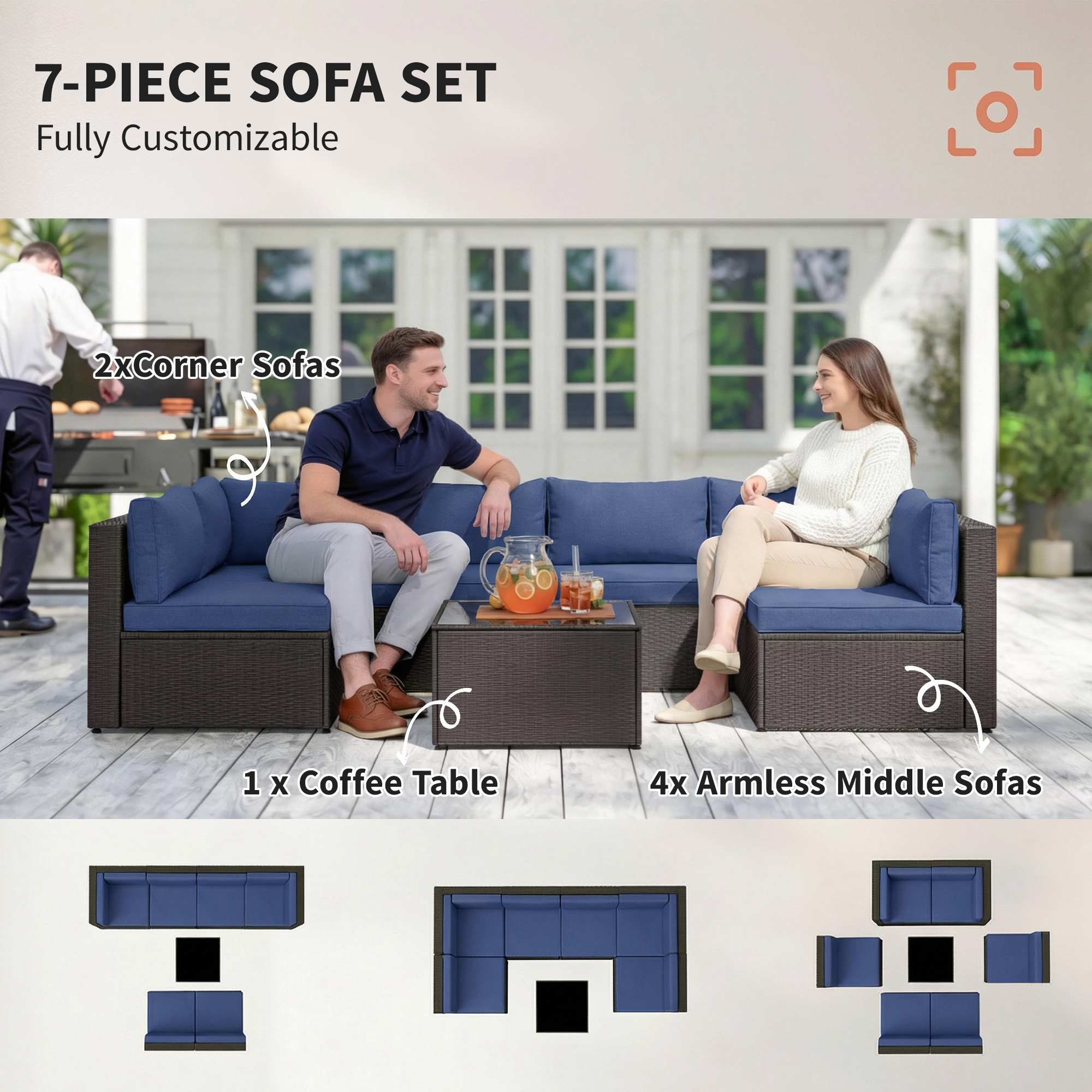7-PIECE SOFA SET  
Fully Customizable  

2x Corner Sofas  
1 x Coffee Table  
4x Armless Middle Sofas
