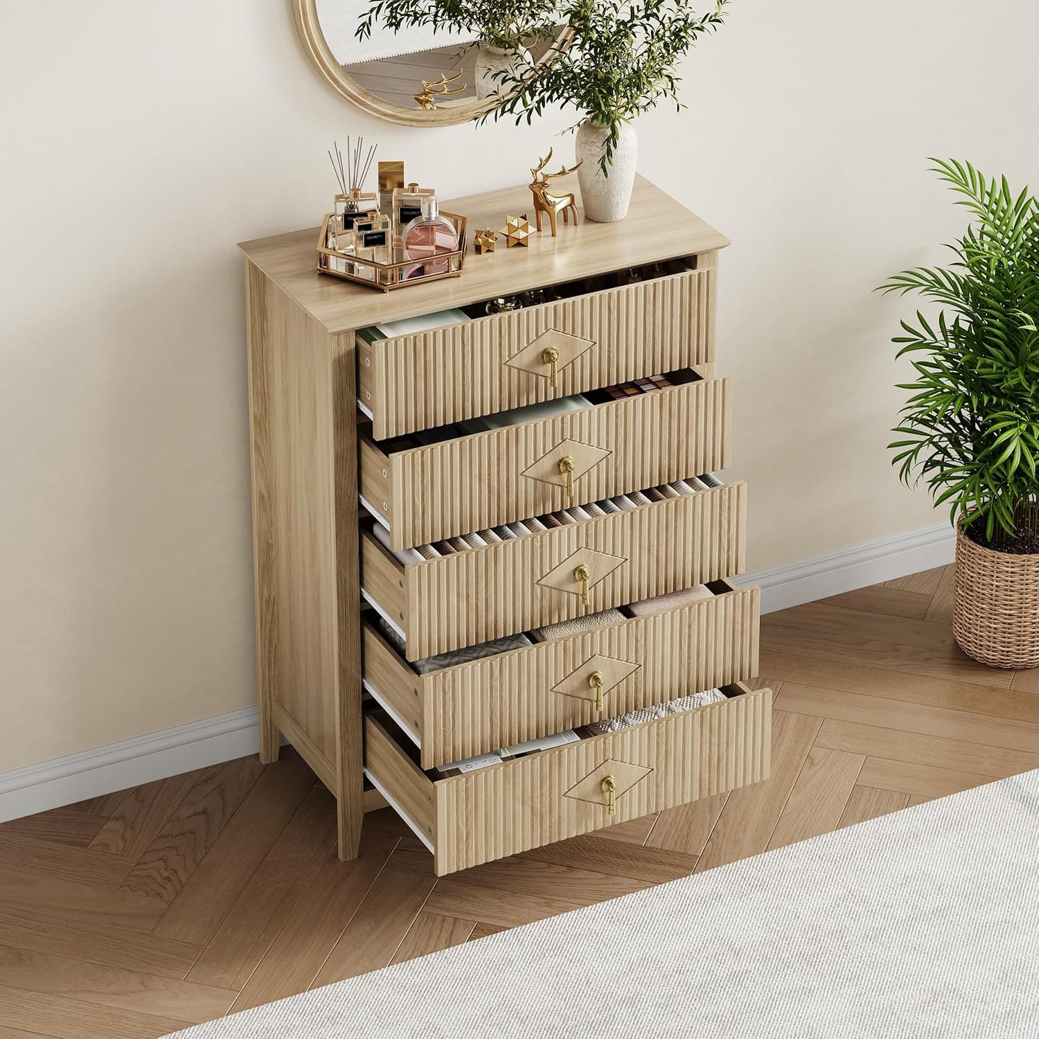 GARVEE - Fluted Dresser for Bedroom 43" Tall, 5-Drawer Modern Wood Chest, Space-Saving Storage Cabinet for Living Room, Hallway - Yellow