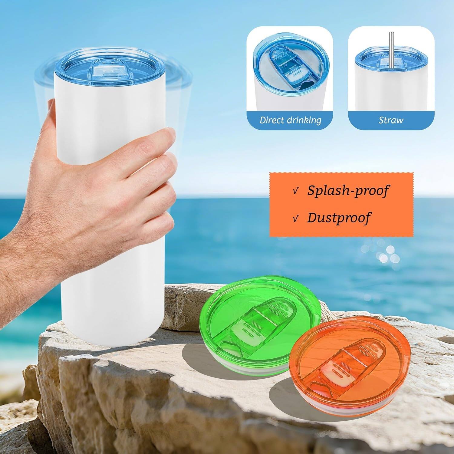 The text in the image can be grouped and corrected as follows:

- Direct drinking
- Straw
- Splash-proof
- Dustproof

The text "iL" appears to be an error or incomplete.