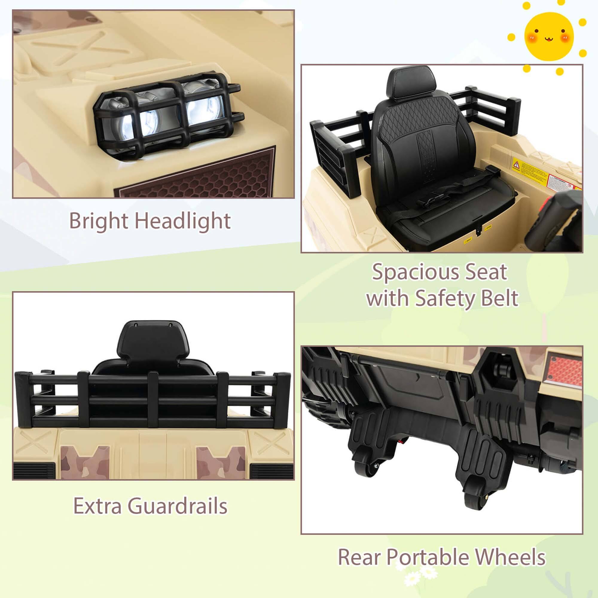 Bright Headlight  
Spacious Seat with Safety Belt  
Extra Guardrails  
Rear Portable Wheels