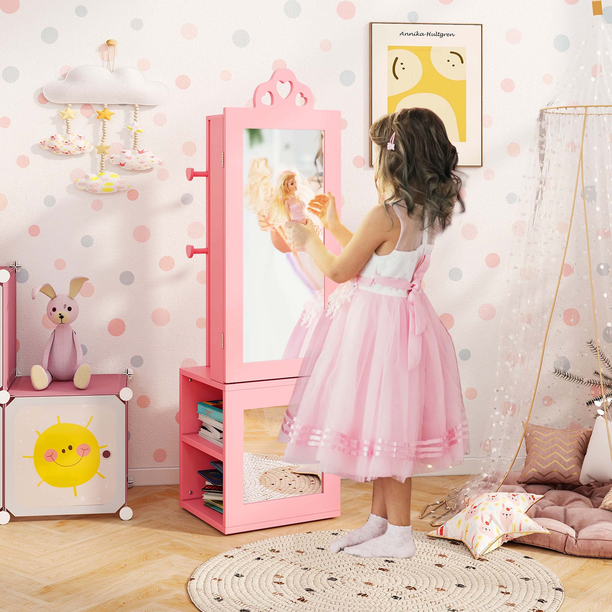 Alt View 4. Costway - Costway Kids Jewelry Cabinet Standing Children Jewelry Organizer with Full-Length Mirror - Pink.