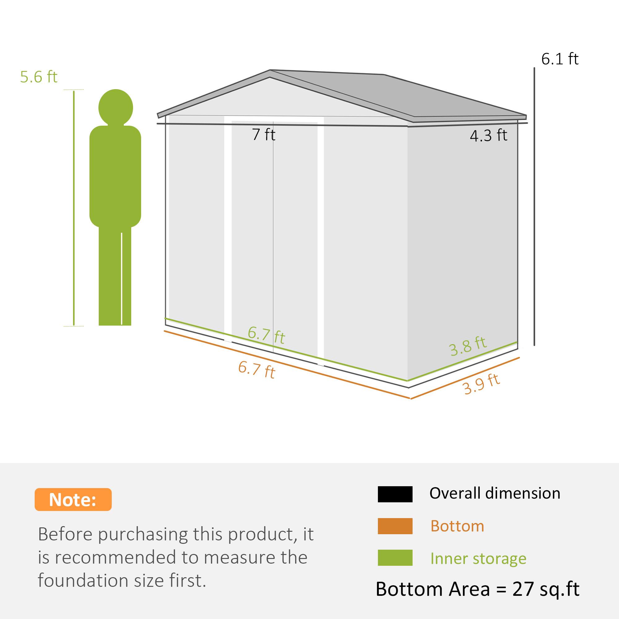 5.6 ft  
6.1 ft  
7 ft  
4.3 ft  
6.7 ft  
6.7 ft  
3.8 ft  
3.9 ft  

Note: Before purchasing this product, it is recommended to measure the foundation size first.  

Overall dimension  
Bottom  
Inner storage  

Bottom Area = 27 sq.ft