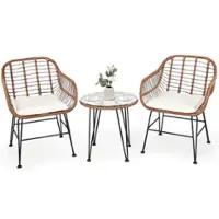Costway 3PCS Patio Rattan Bistro Set Coffee Table Armchair Garden Cushion - Beige - Front_Zoom