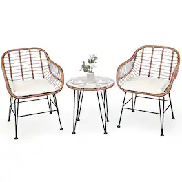 Costway - 3PCS Patio Rattan Bistro Set Coffee Table Armchair Garden Cushion - Beige