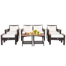 Kadyn - 4 Pcs Patio Rattan Acacia Wood Furniture Set, Wicker Furniture Sets, Patio Conversation Sets with Cushions and Armrest - White