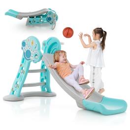 Costway - 3-in-1 Kids Indoor Slide with Basketball Hoop & Basketball, Safe Buffer Zone - Blue