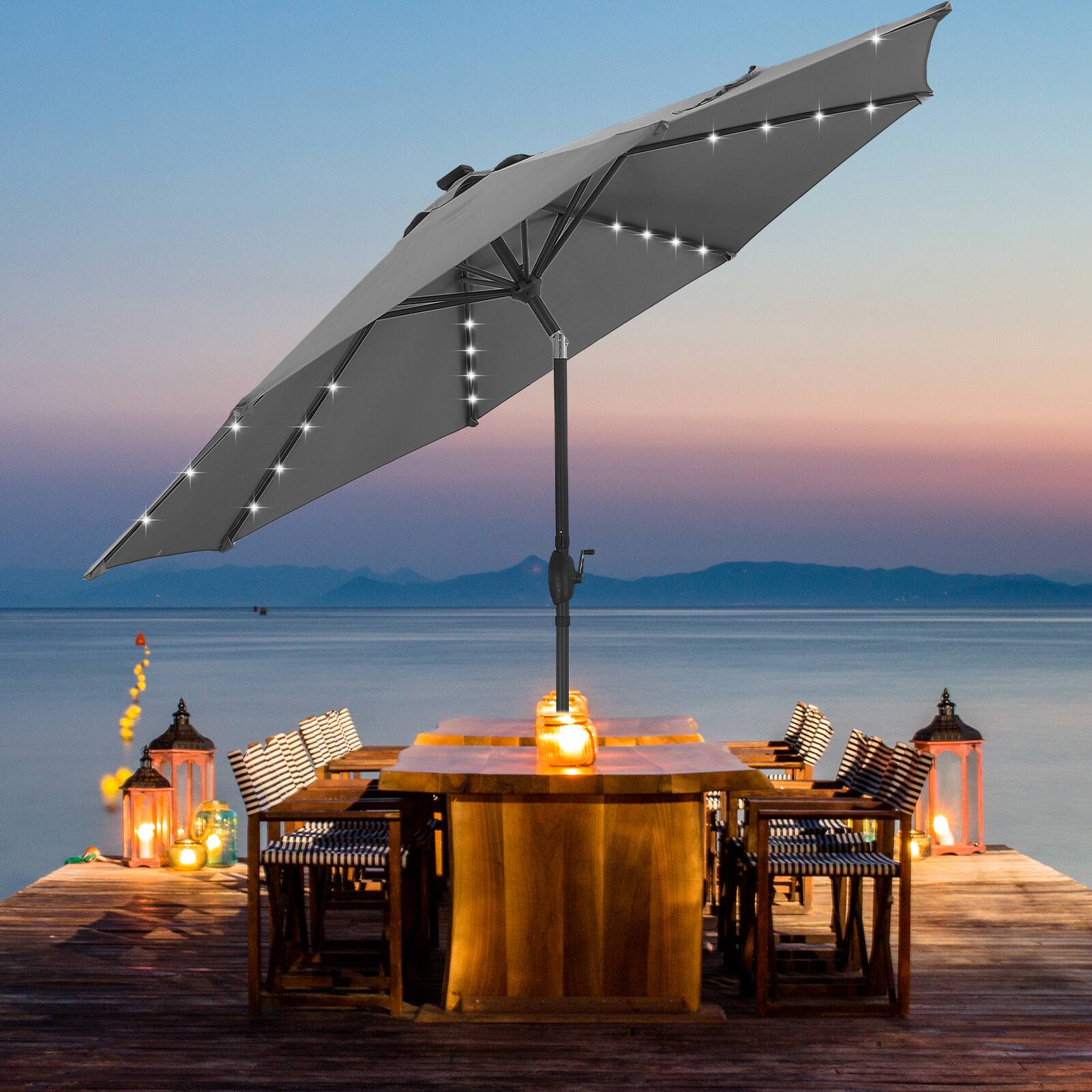 Back. Ainfox - Ainfox 10FT Solar Lights Patio Umbrella with  Tilt Outdoor Umbrella for Garden Deck Backyard Pool Beach Included Base - gray.