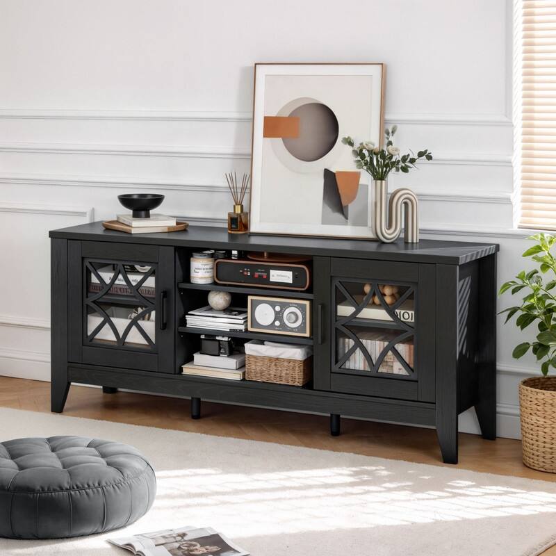 Angle. WELLFOR - Farmhouse TV Stand for TVs up to 65", Entertainment Center Console Table with Adjustable Shevles & Glass Door - Black.