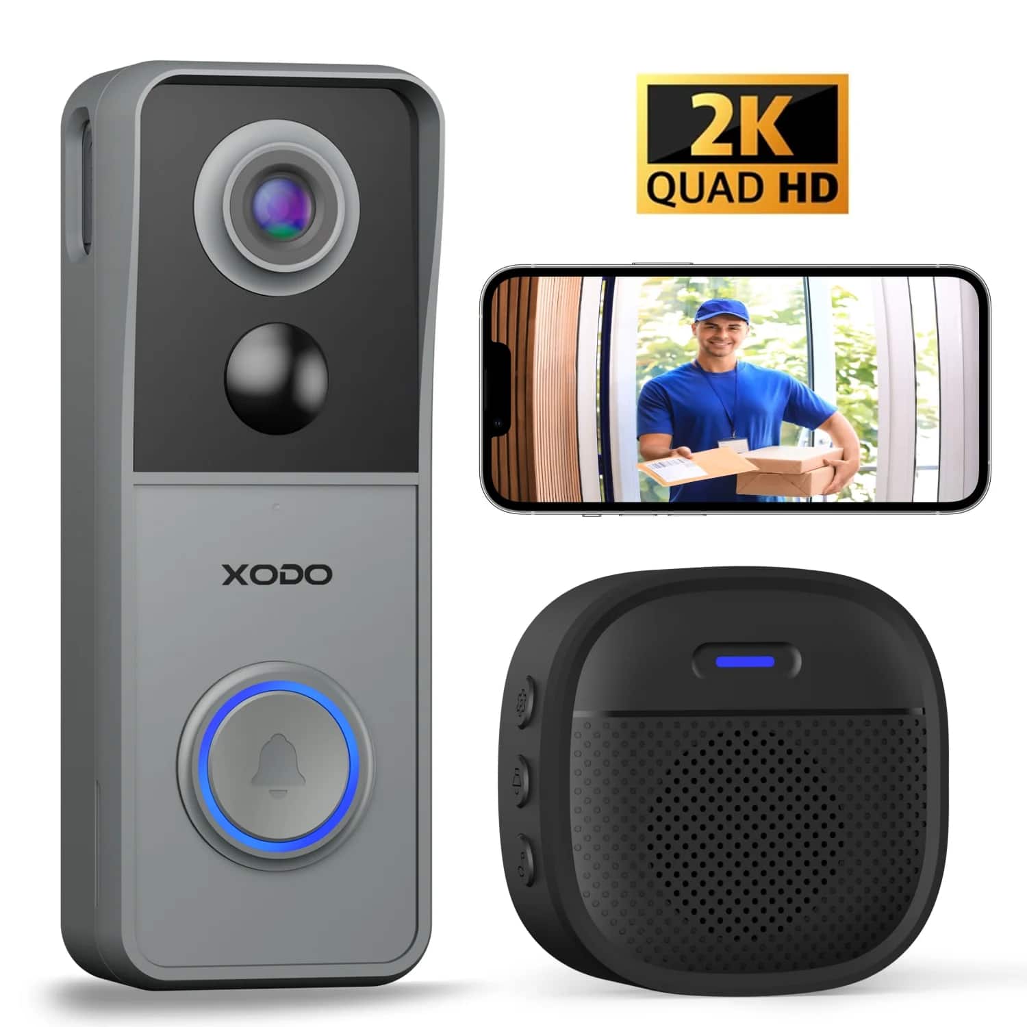 XODO - VD2 Smart Wi-Fi 2K Wireless Video Doorbell with 2-Way Audio - Gray