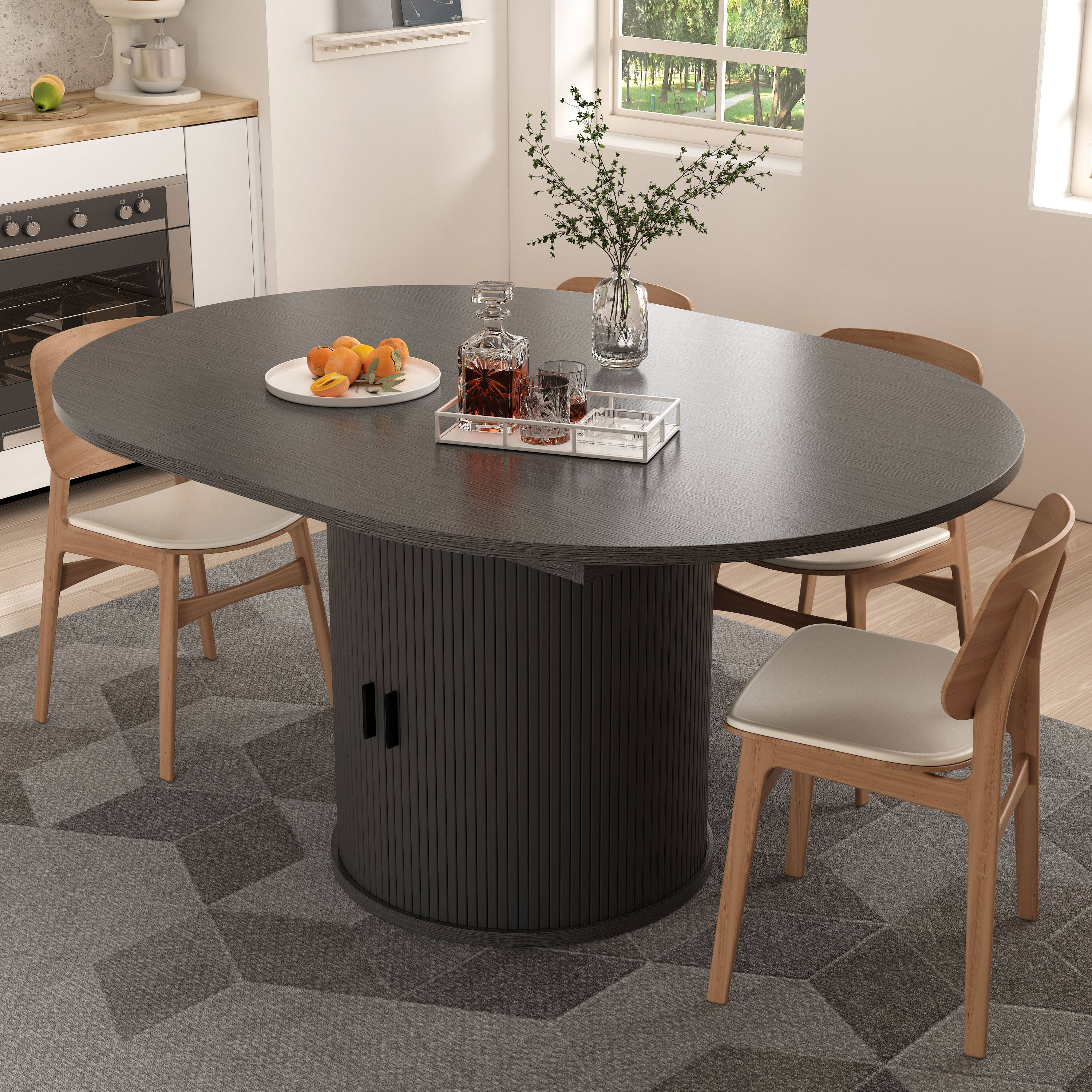 Left. Dyonery - Extendable Round Dining Table, 43-59 Inch Dining Room Kitchen Table with 2-Tier Storage Shelf With base，wood tabletop - Black.