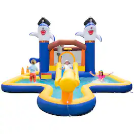 Ecooso - 7-in-1 Inflatable Water Slide Park w/ Splash Pool & Water Cannon, No Blower