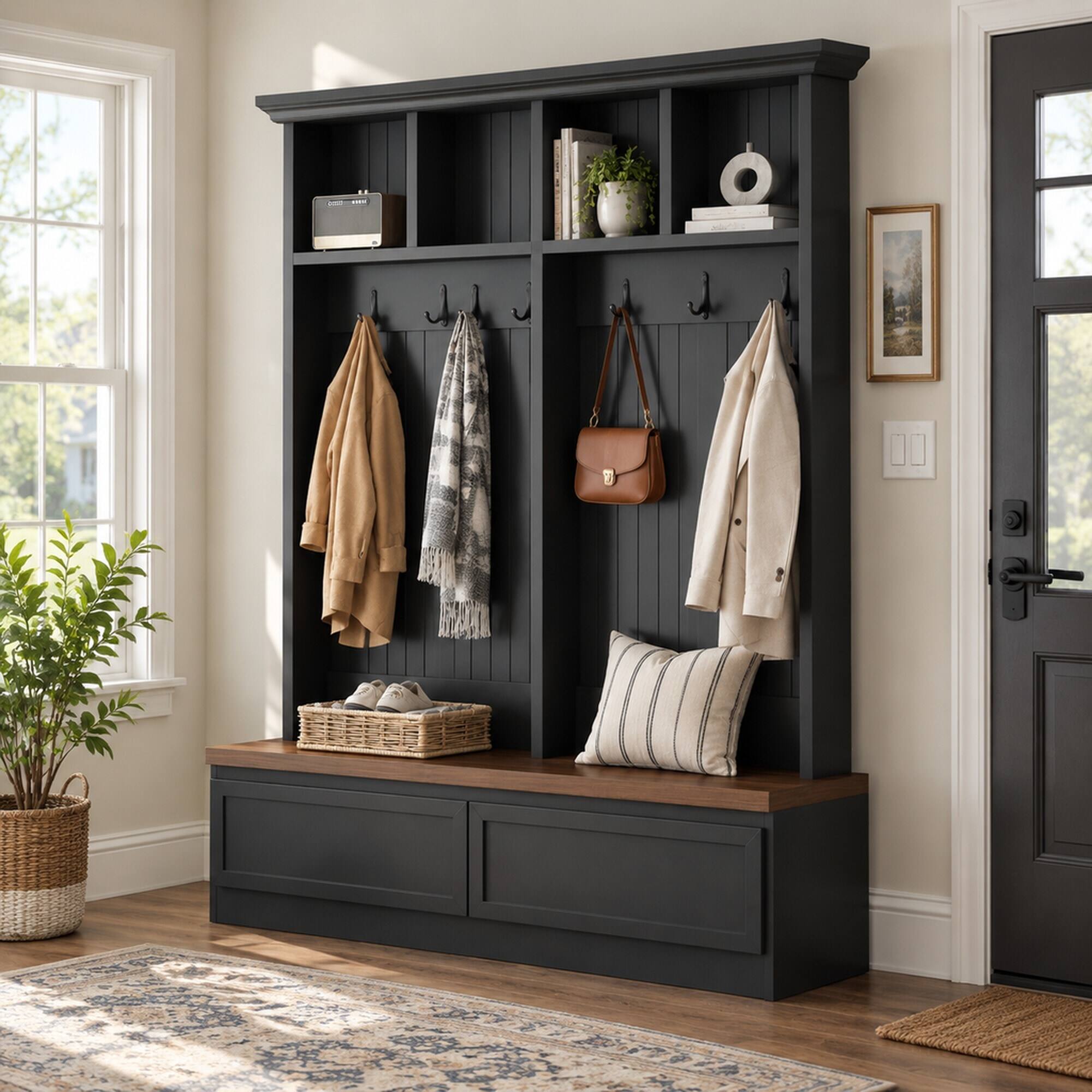 Angle. RYHNUYNE - 4-in-1 Hall Tree, Wood Grain Bench, 2 Drawers, 6 Hooks, Black, 55.9 in Wide, Farmhouse Entryway Organizer - Black + Dark Walnut.