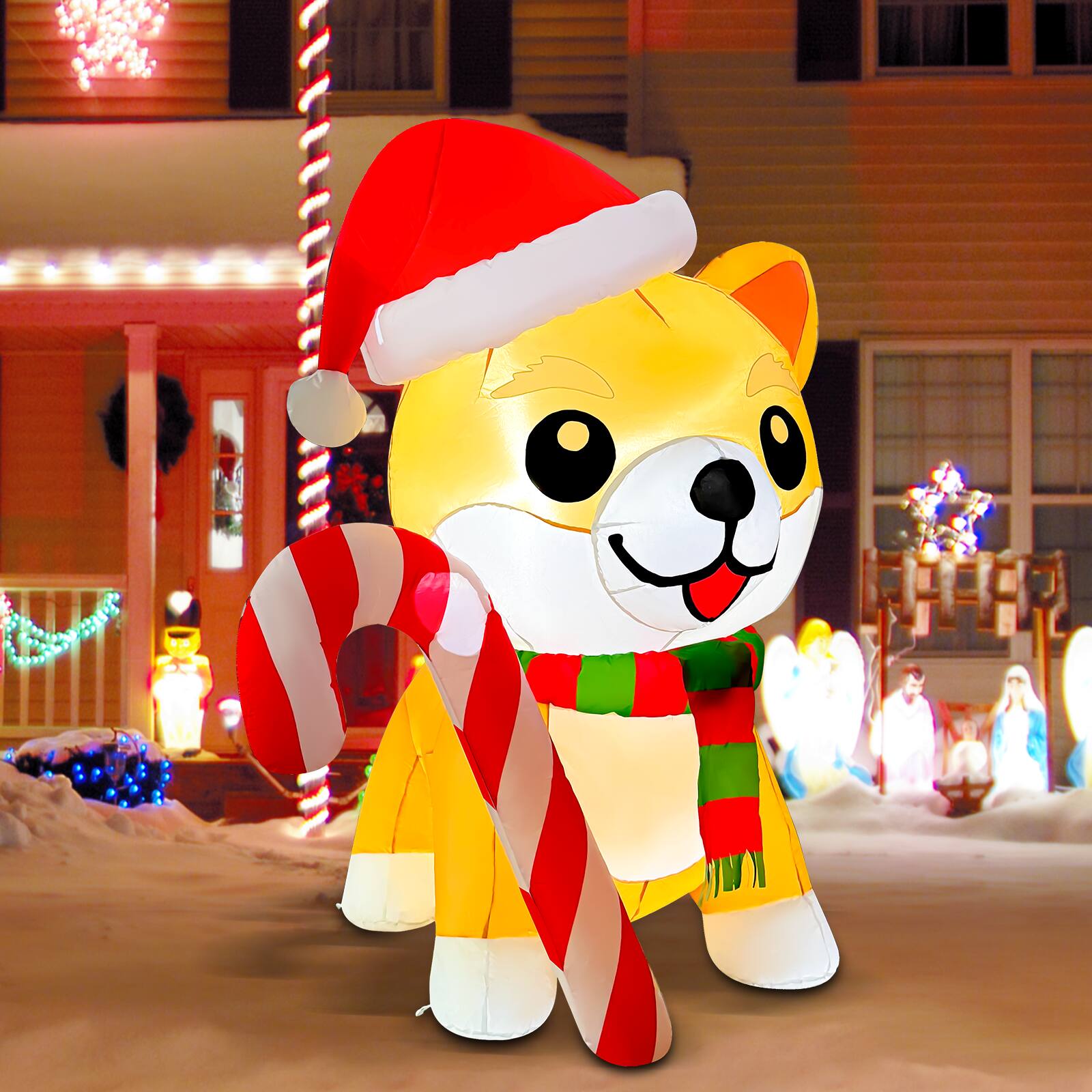 Back. GOOSH Inflatables - GOOSH 5.2FT Christmas Dog Inflatable with Candy Cane, Santa Hat, and LED Lights - Yellow.