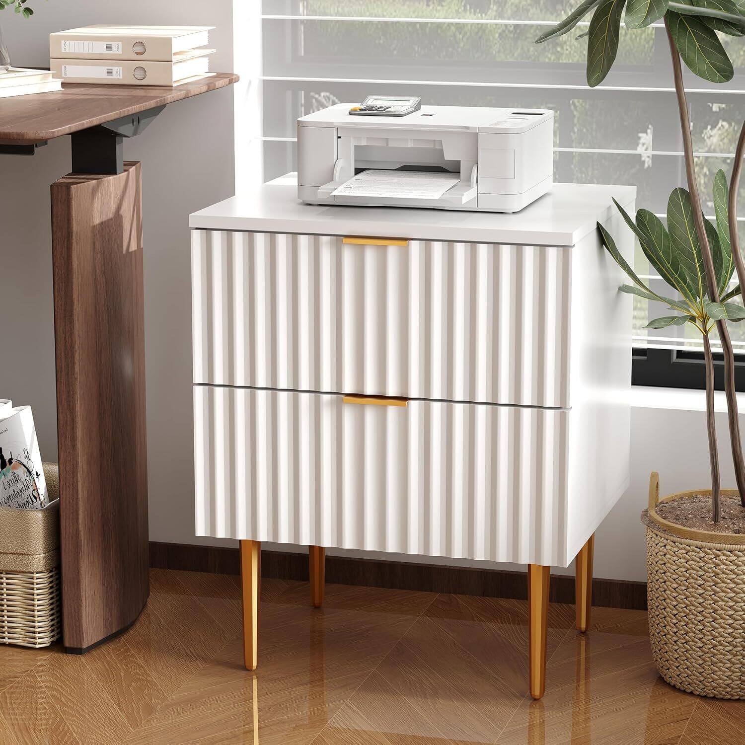 Back. GARVEE - 2pcs Modern Nightstand with 2 Drawers, Golden and Wood Fluted Night Stand with Charging Station,White - White.