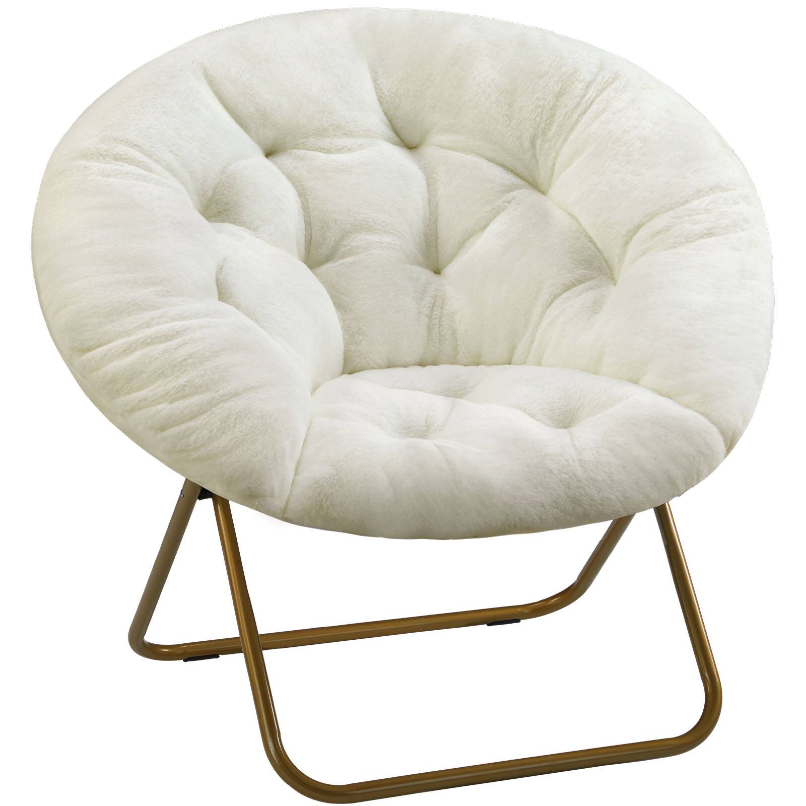 Back. AENKYO - Cozy Saucer Chairs Faux Fur Reading Lounge Furniture Folding Comfy with Soft Thick Padded - White.