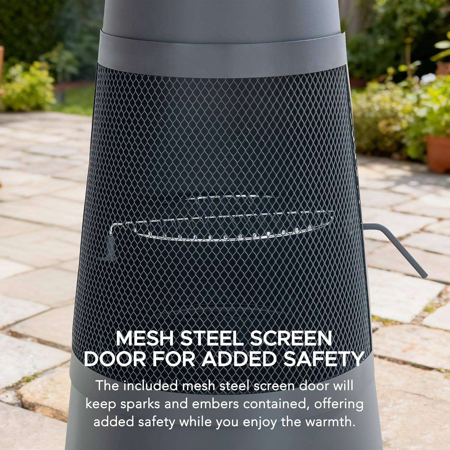 MESH STEEL SCREEN DOOR FOR ADDED SAFETY

The included mesh steel screen door will keep sparks and embers contained, offering added safety while you enjoy the warmth.
