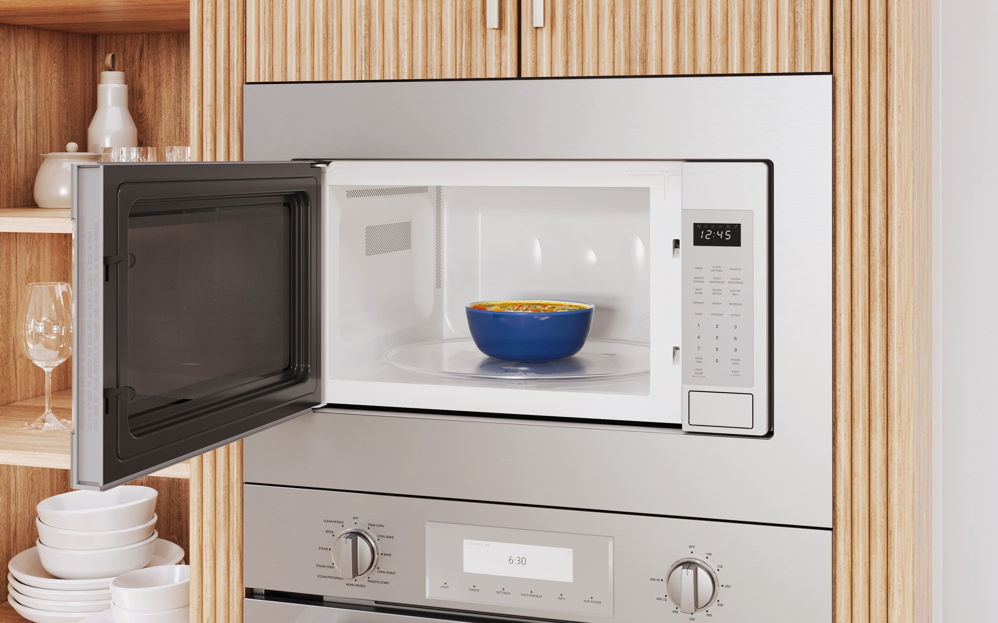 The text on the image reads: "ddd Tvar - 1000 AN - 2 SONO A I I - A I I | 1 1 CN PONELL . dda T I a 1 - - - - 7 I 12:45 2 5 I I | ee I | | I | I - | - - 1 a + A & 1 1 1 I I . I i - - -- i - I - - - i i - A - i - - - - - -. - - de - - - - I - - A". This text does not seem to be related to the image of the microwave.