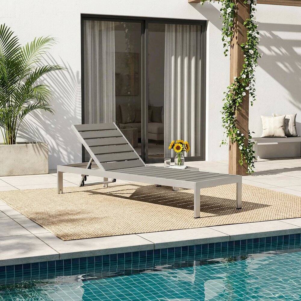 Angle. Outdoor Escape - Aluminum Outdoor Lounge Chair With Adjustable Backrest And Cushioned Seat - Gray.