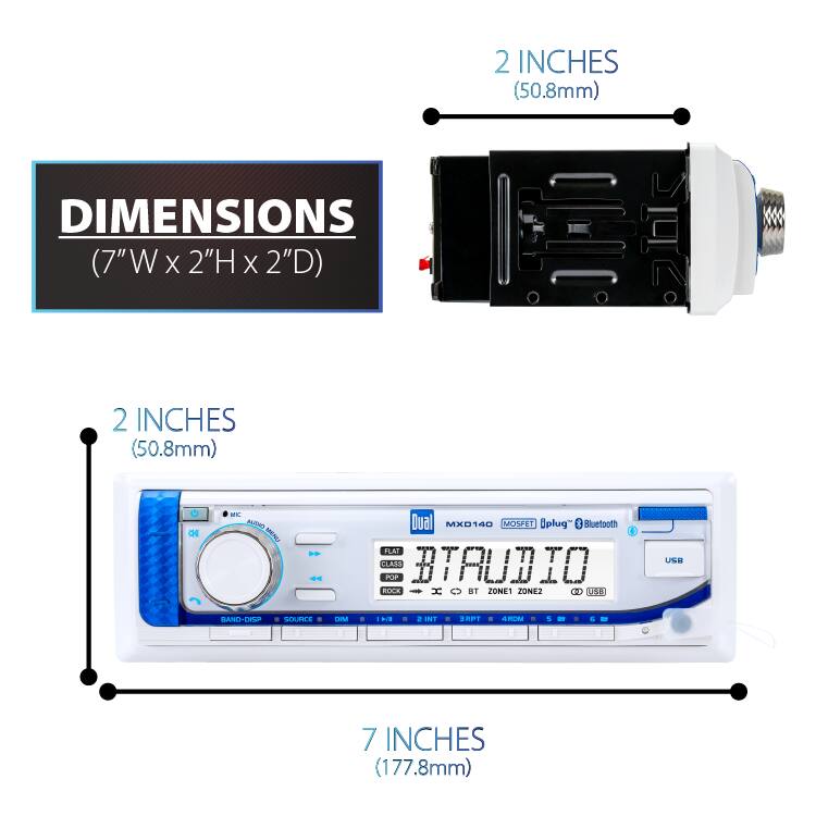 2 INCHES (50.8mm)  
DIMENSIONS (7"Wx2"Hx2'D)  
2 INCHES (50.8mm)  
DO  
MC ALIKO MENU  
Dual MXD140 MOSFET Oplug Bluetooth FLAT CLASS BTAUDIO POP ROCK BT ZONE1 ZONE2 00 USB  
USB  
BAND-DISP  
SOURCE  
DIM  
1541  
2 INT  
4RDM  
5  
7 INCHES (177.8mm)