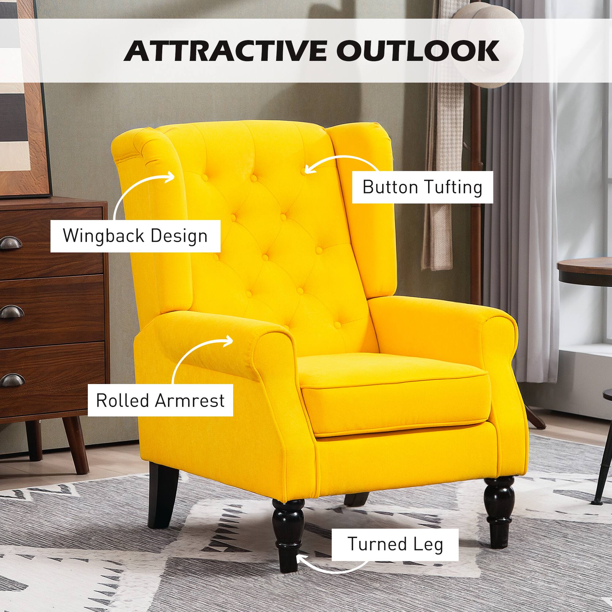 ATTRACTIVE OUTLOOK

Button Tufting
Wingback Design
Rolled Armrest
Turned Leg