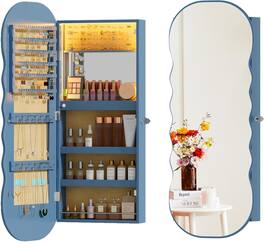 Stamp n Camp - Lvifur Jewelry Armoires with LED Lights, Hanging Jewelry Storage Cabinet Lockable Wavy Mirror Jewelry Organizer - Blue