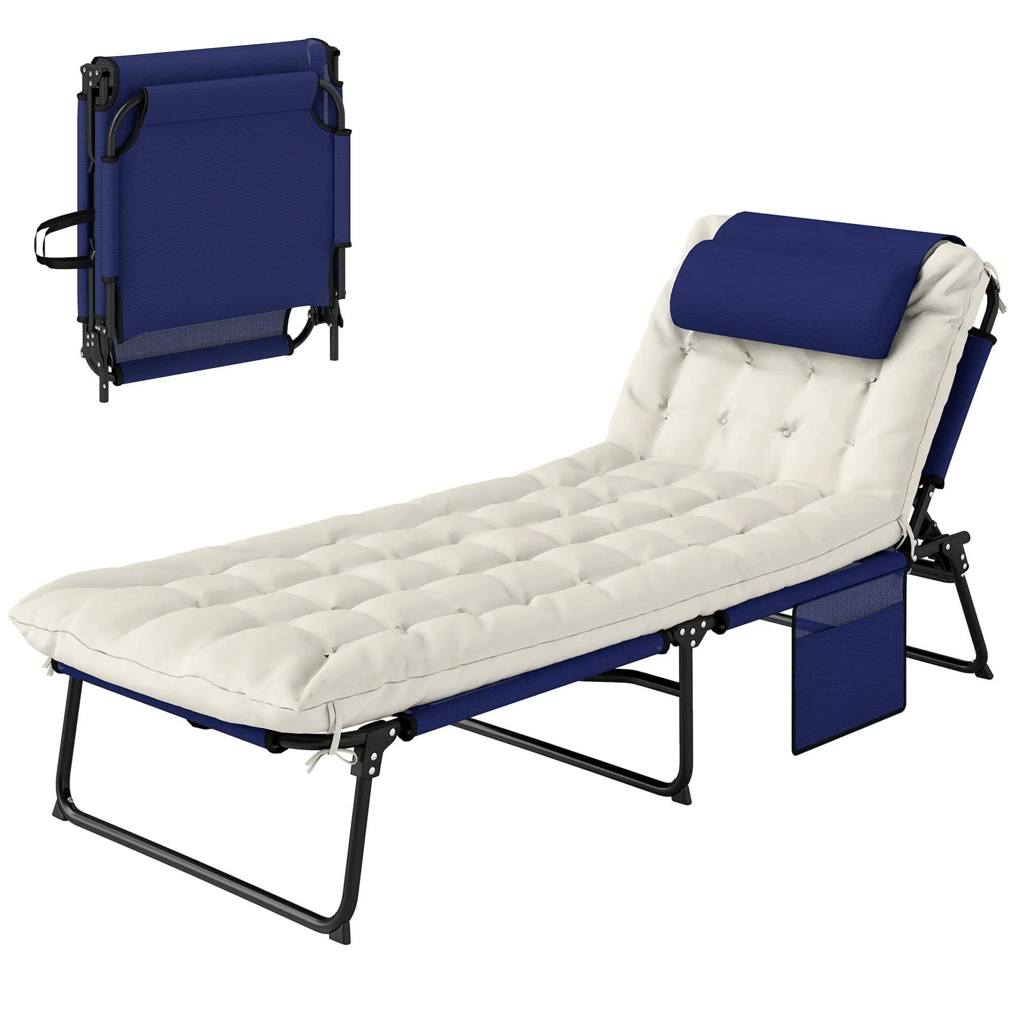 Angle. Resenkos - Resenkos Folding Chaise Lounge Pool Chair With 4-Level Reclining Back, Cushion, Side Pocket, Headrest, Blue - Blue.