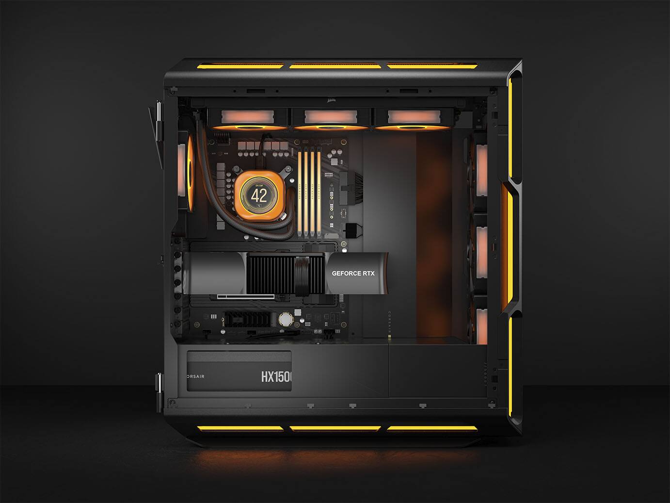 The text on the image reads: "I -- 42 - . GEFORCE RTX 3080 = a M2 ORSAIR HX150."