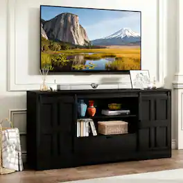 Anysun - Mid-Century TV Stand for 65" TV - Entertainment Center with Sliding Barn Doors - Black