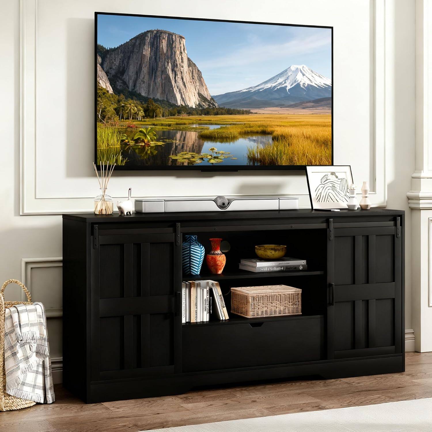 Front. Anysun - Mid-Century TV Stand for 65" TV - Entertainment Center with Sliding Barn Doors - Black.