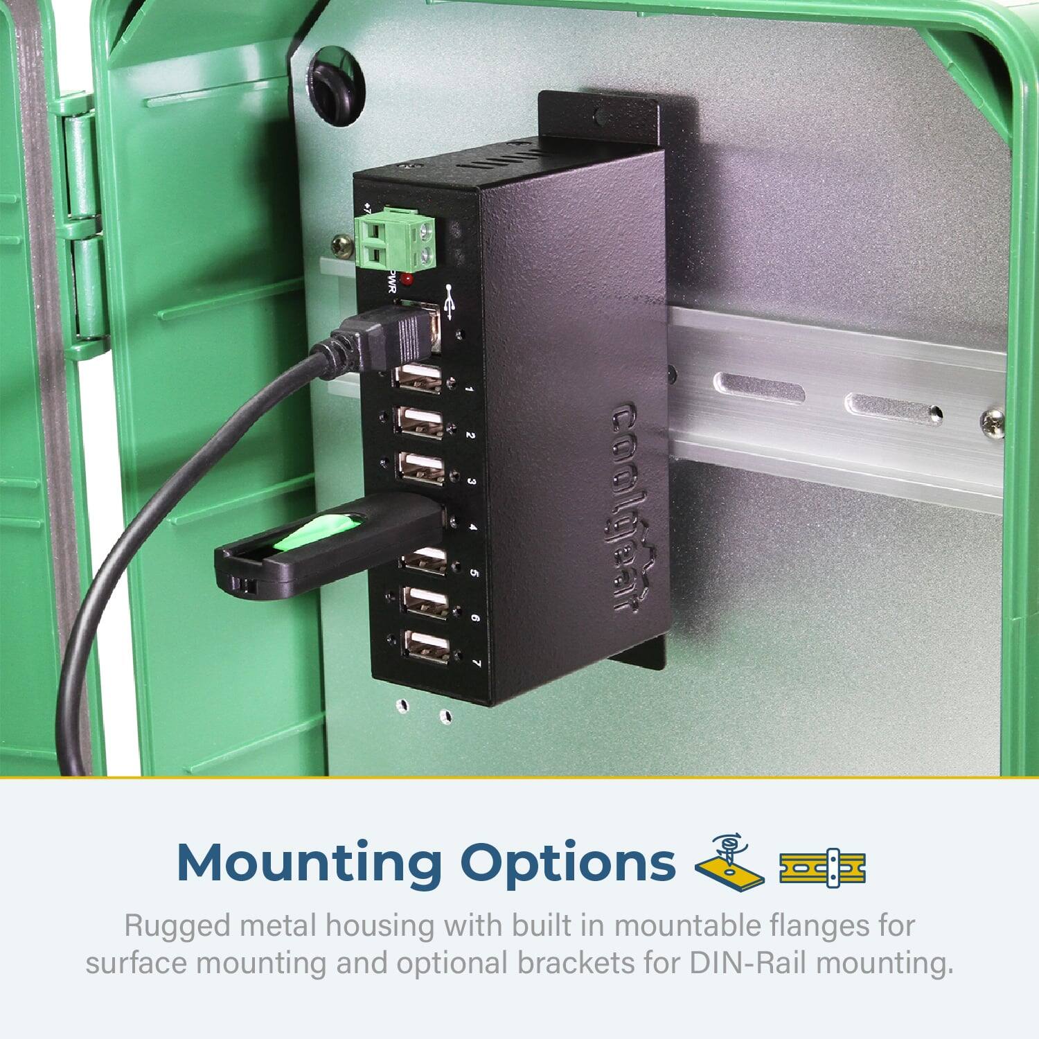 PWR coolyear Mounting Options  
Rugged metal housing with built-in mountable flanges for surface mounting and optional brackets for DIN-Rail mounting.