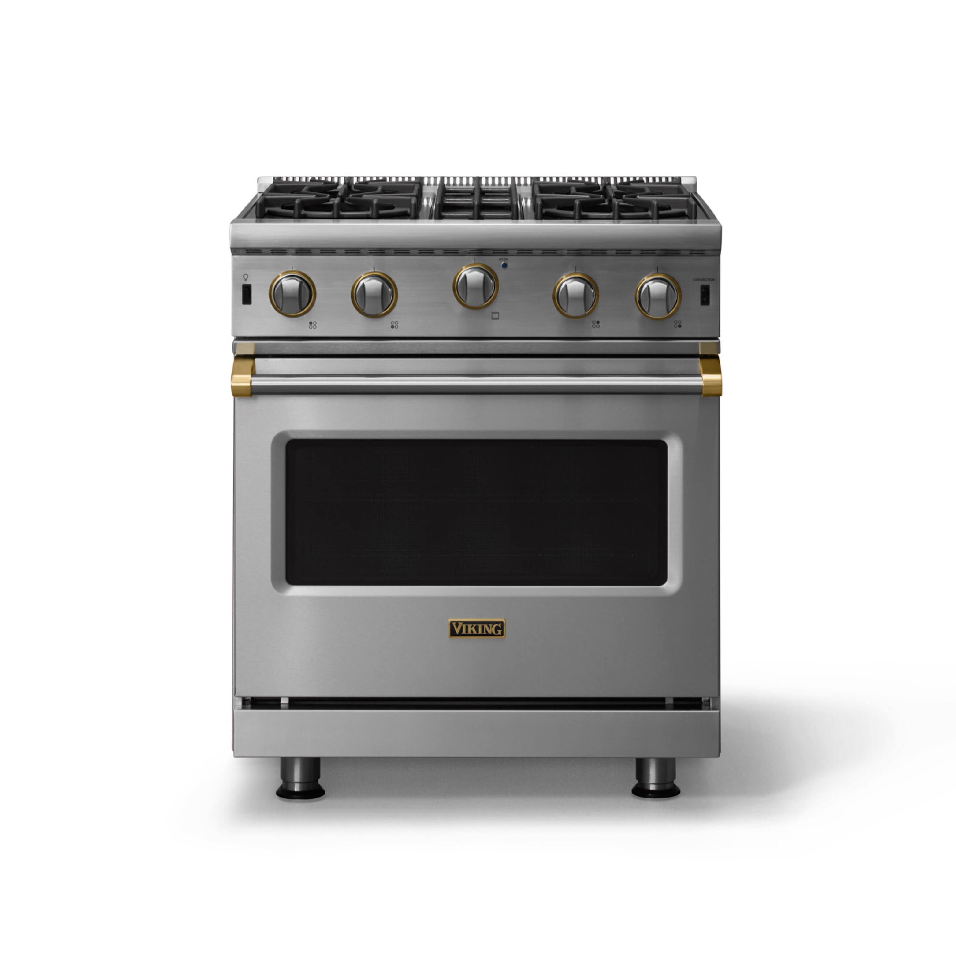Viking - 30"W. 4.0 Cu. Ft. Freestanding Self-Clean Open Burner Gas Convection Range - Stainless Steel w. Brushed Brass Trim - Stainless Steel