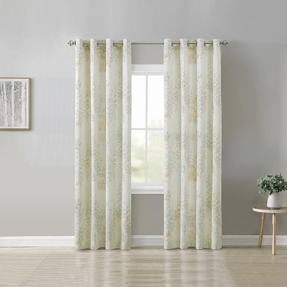 Left. Commonwealth Home Fashions - Habitat Lana Light Filtering Grommet Curtain Panel Two Tone Leaf Branches Bouquet Faux Linen 50" x 84" Ivory - Ivory.