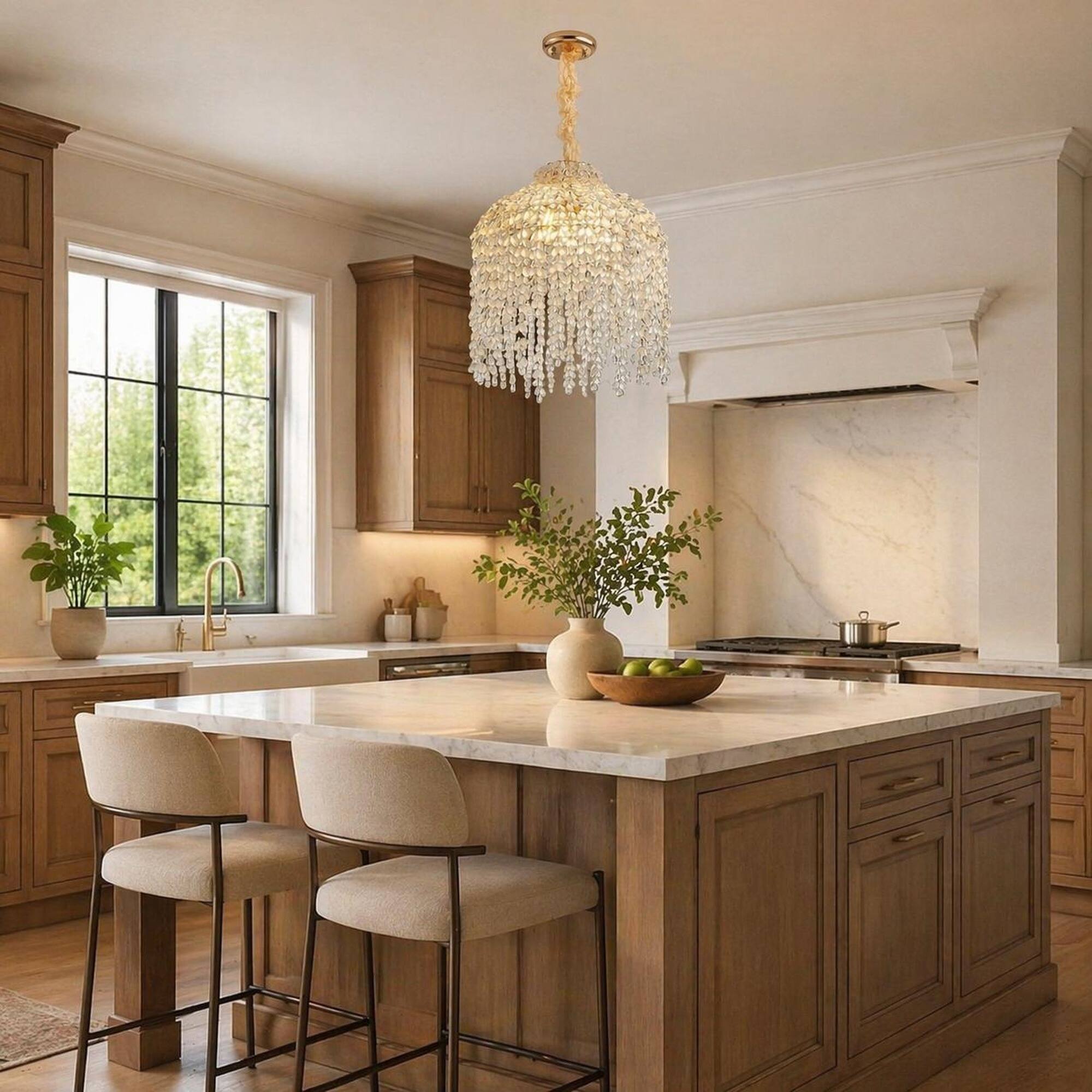 Left. RYHNUYNE - Elegant 16-Inch 5-Light Gold Crystal Chandelier with Cascading Grape Beads – Adjustable Ceiling Pendant.
