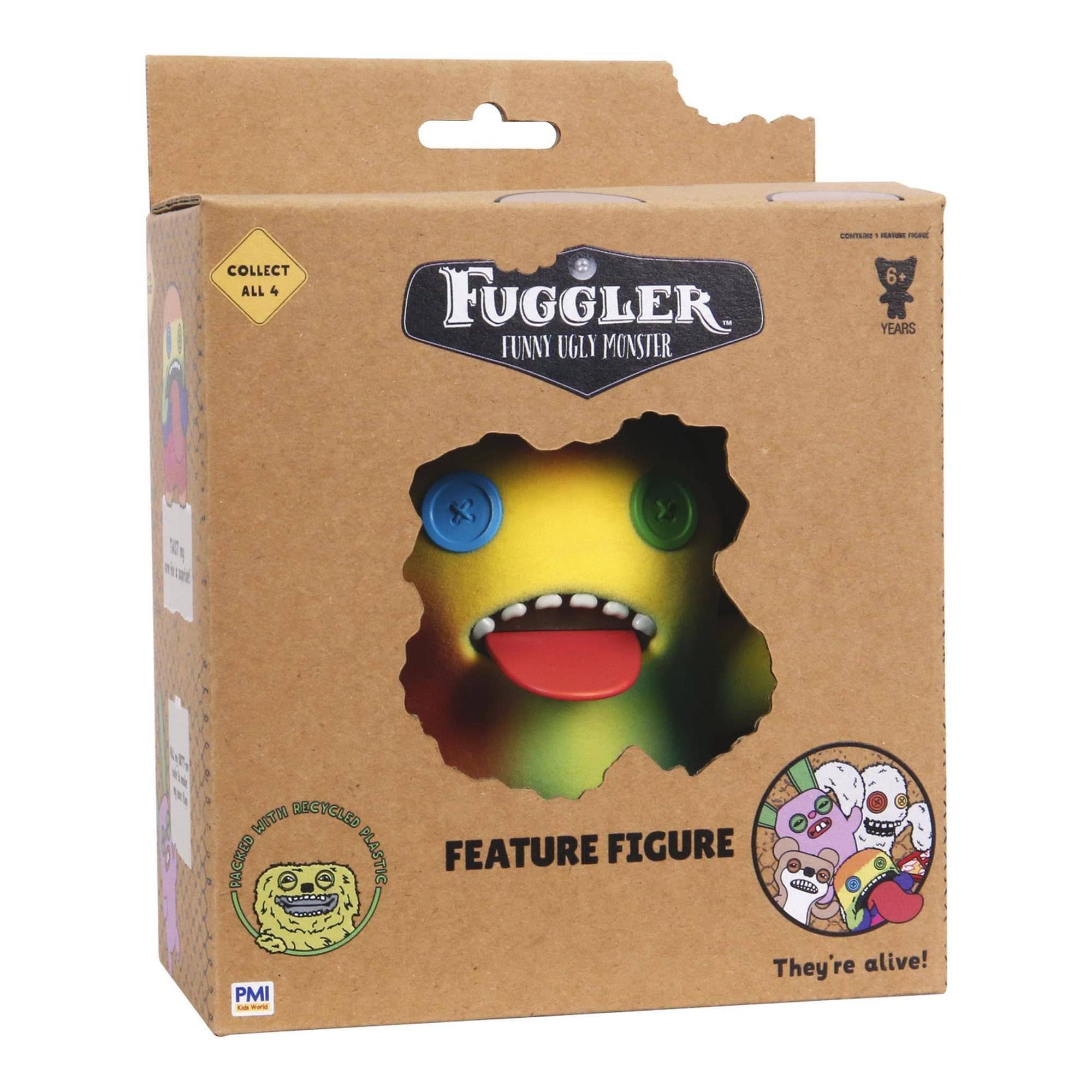 COLLECT ALL 4  
FUGGLER  
FUNNY UGLY MONSTER  

CONTAINS 1 FEATURE FIGURE  
6 YEARS  

FEATURE FIGURE  
They're alive!  

MADE FROM RECYCLED PLASTIC  

PMI  
PLAYING WITH IMAGINATION