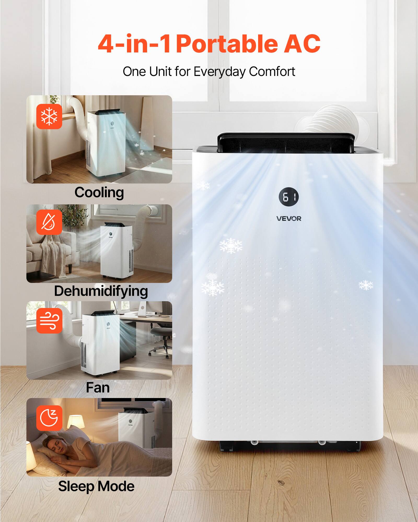 4-in-1 Portable AC  
One Unit for Everyday Comfort

Cooling  
Dehumidifying  
Fan  
Sleep Mode
